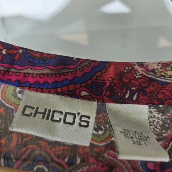 Chicos 100% Silk Paisley Blouse Sz  (S-M) Sheer Button Up Long Flare Sleeve Y2k - Picture 7 of 10